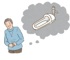 頻回便。一度にたくさん便が出ず、コロコロした硬い便が少量ずつ1日に何度も出る頻回便も、便秘の患者さんによくみられる症状